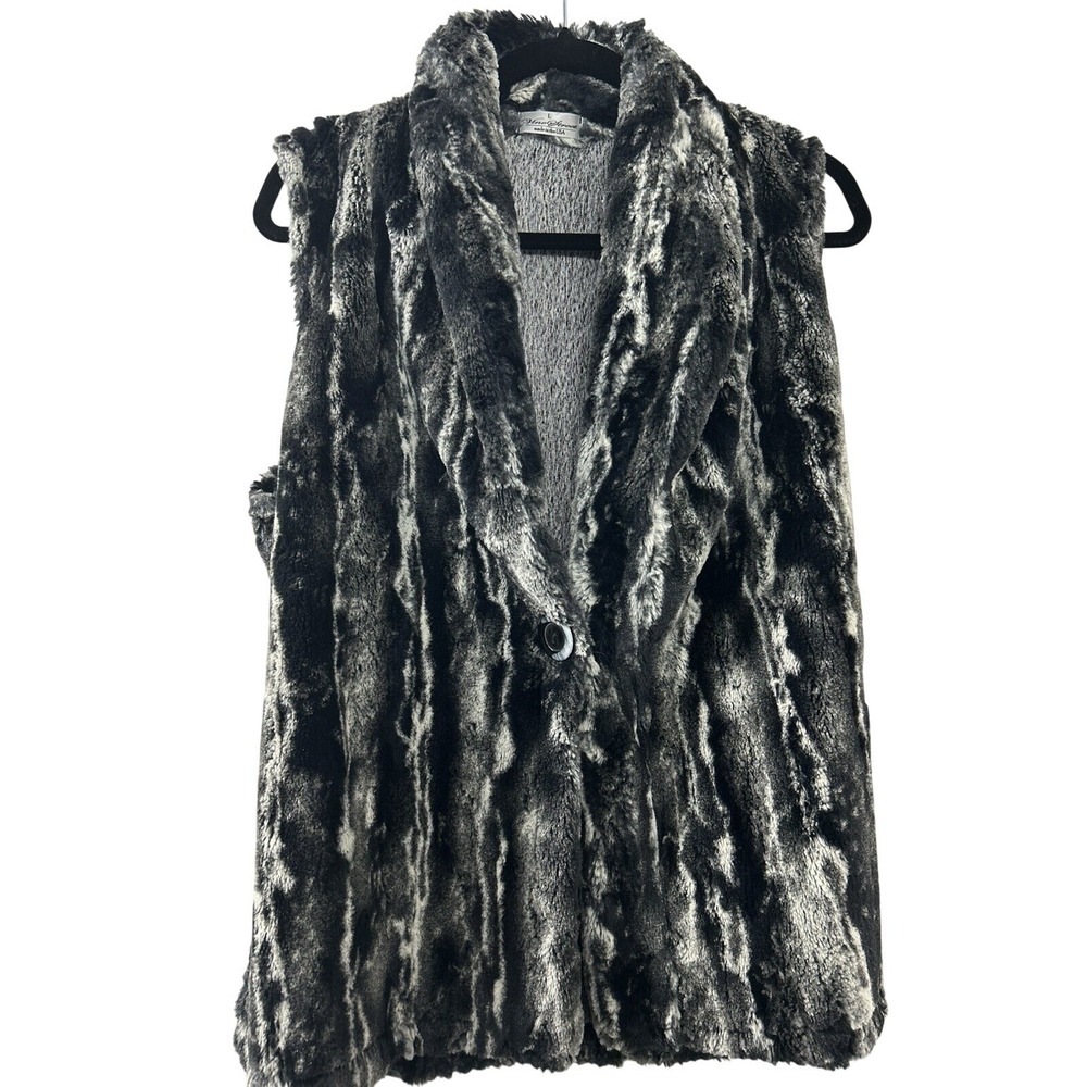 Vine Street Faux Fur Vest L Black White Marbled Single Button Mob Wife Glam Luxe